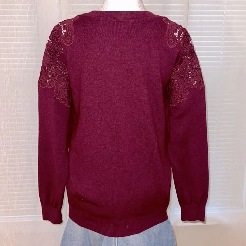 Ted Baker 3 M Tae Burgundy Scoop Neck Merino Wool Shoulder Lace KnitโSweater - Picture 4 of 15